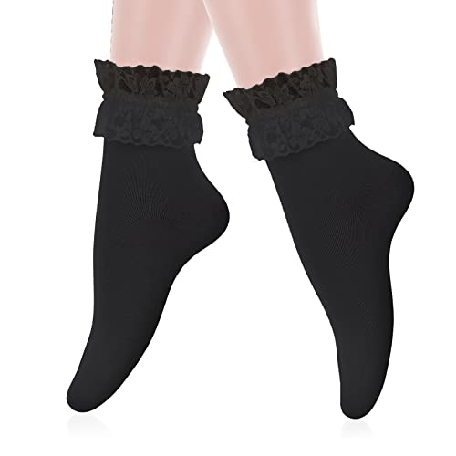 Sibba 1 Paar Ruffle Liners Lace Söckchen Mädchen Kawaii Rüschen Crew Elastische Baumwollsocken Prinzessin Fee Ästhetik Goth Bündchen Süßes Kleid für Frauen Schulmädchen Show Kleidung Kostüm (Schwarz) von Sibba