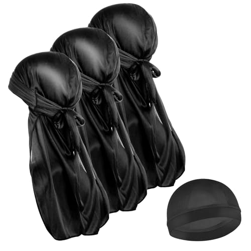 Sibba Silky Durags Für Männer Und Frauen 3 Stück 360 Wellen Mit 1 Wellenkappe Turban Mit Langem Schwanz Kopfbedeckung Elastische Durags Weich Atmungsaktiv Wellenkappen Für Männer Frauen von Sibba