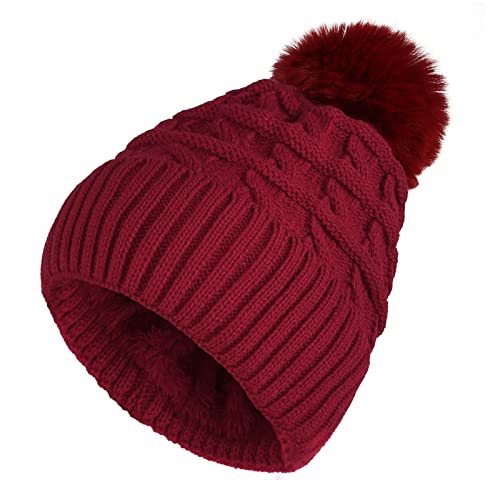 Sibba Strickmütze Bommelmütze für Damen Winter warme Cuffed Strick Beanie Dick Futter Hüte Thermo Gefütterte Fleece Slouch Wintermütze Wollmützen Gestrickte mit Kunstfell Pelzbommel Pom für Frauen Rot von Sibba