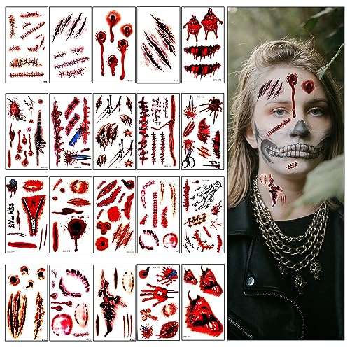 Sibba 20 Stück Halloween Temporäre Tattoo-Aufkleber Make-Up Kostüm Gesicht Schatten Requisiten Schreckensset Horror Realistische Wunde 3d-Fälschungsnarben Geschnittener Kratzer Blutiger Arm Cosplay von Sibba