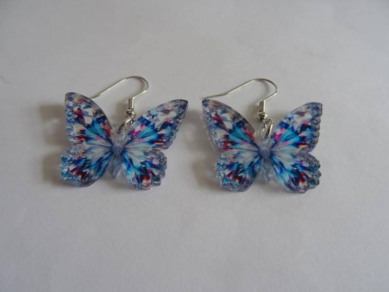 Ohrhänger, Ohrschmuck, Statementohrringe, Edelstahl, Boho, Hippie, Acryl Schmetterling, Türkis/Blaue Schmetterlinge, Freundinnengeschenk von SibeaDesign