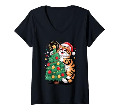Damen Christmas Tree Siberian Cat Sunglasses Moscow Longhairs T-Shirt mit V-Ausschnitt Damen Christmas Tree Siberian Cat Sunglasses Moscow Longhairs T-Shirt mit V-Ausschnitt von Siberian Cat Gifts Moscow Longhairs Lover