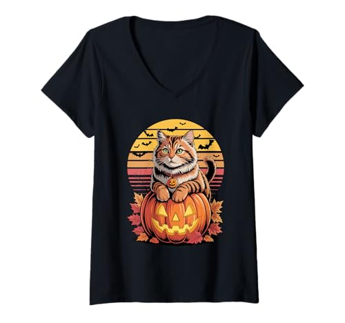 Damen Halloween Retro Siberian Cat Moscow Longhairs T-Shirt mit V-Ausschnitt Damen Halloween Retro Siberian Cat Moscow Longhairs T-Shirt mit V-Ausschnitt von Siberian Cat Gifts Moscow Longhairs Lover