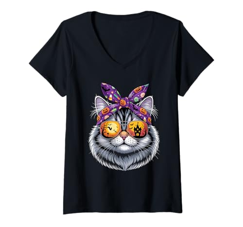 Damen Halloween Siberian Cat Bandana Moscow Longhairs T-Shirt mit V-Ausschnitt Damen Halloween Siberian Cat Bandana Moscow Longhairs T-Shirt mit V-Ausschnitt von Siberian Cat Gifts Moscow Longhairs Lover