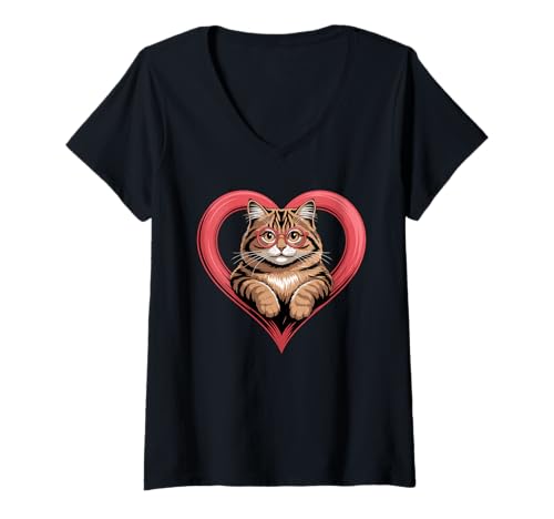 Damen Herz Siberian Cat Brille Moscow Longhairs T-Shirt mit V-Ausschnitt Damen Herz Siberian Cat Brille Moscow Longhairs T-Shirt mit V-Ausschnitt von Siberian Cat Gifts Moscow Longhairs Lover