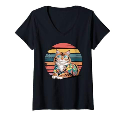 Damen Siberian Cat Sonnenbrille Hawaii Strand Moskau Langhaar T-Shirt mit V-Ausschnitt von Siberian Cat Gifts Moscow Longhairs Lover