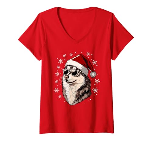 Damen Husky Weihnachtsmütze, lustig, niedlich, Hund, Mutter, Vater, Weihnachten T-Shirt mit V-Ausschnitt von Siberian Husky - Christmas Dog Apparel & Gifts