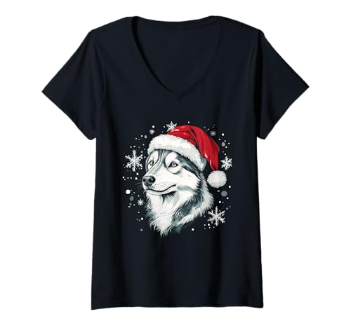 Damen Husky Weihnachtsmütze, lustig, niedlich, Hund, Mutter, Vater, Weihnachten T-Shirt mit V-Ausschnitt von Siberian Husky - Christmas Dog Apparel & Gifts