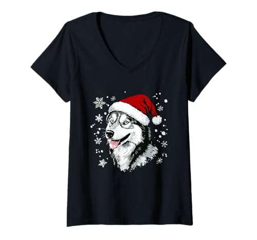 Damen Husky Weihnachtsmütze, lustig, niedlich, Hund, Mutter, Vater, Weihnachten T-Shirt mit V-Ausschnitt von Siberian Husky - Christmas Dog Apparel & Gifts