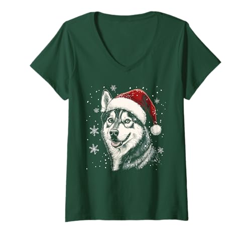 Damen Husky Weihnachtsmütze, lustig, niedlich, Hund, Mutter, Vater, Weihnachten T-Shirt mit V-Ausschnitt von Siberian Husky - Christmas Dog Apparel & Gifts