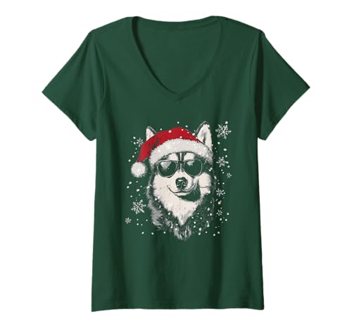 Damen Husky Weihnachtsmütze, lustig, niedlich, Hund, Mutter, Vater, Weihnachten T-Shirt mit V-Ausschnitt von Siberian Husky - Christmas Dog Apparel & Gifts