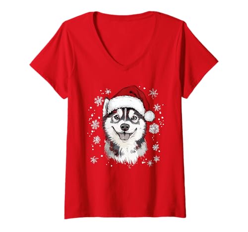 Damen Husky Weihnachtsmütze, lustig, niedlich, Hund, Mutter, Vater, Weihnachten T-Shirt mit V-Ausschnitt von Siberian Husky - Christmas Dog Apparel & Gifts