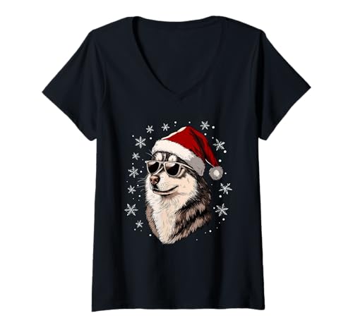 Damen Husky Weihnachtsmütze, lustig, niedlich, Hund, Mutter, Vater, Weihnachten T-Shirt mit V-Ausschnitt von Siberian Husky - Christmas Dog Apparel & Gifts