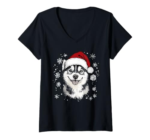 Damen Husky Weihnachtsmütze, lustig, niedlich, Hund, Mutter, Vater, Weihnachten T-Shirt mit V-Ausschnitt von Siberian Husky - Christmas Dog Apparel & Gifts