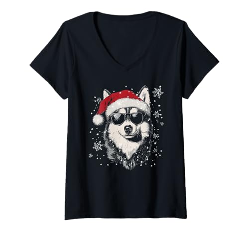 Damen Husky Weihnachtsmütze, lustig, niedlich, Hund, Mutter, Vater, Weihnachten T-Shirt mit V-Ausschnitt von Siberian Husky - Christmas Dog Apparel & Gifts