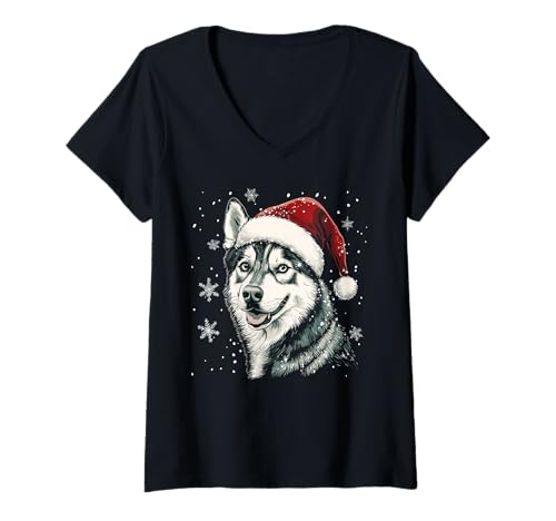 Damen Husky Weihnachtsmütze, lustig, niedlich, Hund, Mutter, Vater, Weihnachten T-Shirt mit V-Ausschnitt von Siberian Husky - Christmas Dog Apparel & Gifts