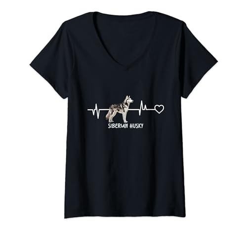Damen Sibirischer Husky Herzschlag T-Shirt mit V-Ausschnitt Damen Sibirischer Husky Herzschlag T-Shirt mit V-Ausschnitt von Siberian Husky Design