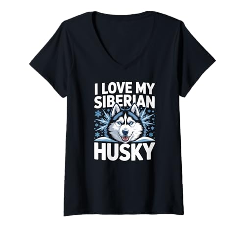 Damen I Love My Siberian Husky Schneeflocken T-Shirt mit V-Ausschnitt Damen I Love My Siberian Husky Schneeflocken T-Shirt mit V-Ausschnitt von Siberian Husky Enthusiast Club