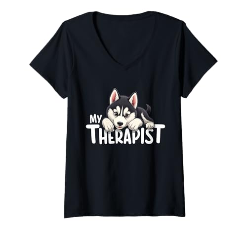 Damen Funny Puppy My Therapist Sibirischer Husky Hund T-Shirt mit V-Ausschnitt von Siberian Husky Fun Designs
