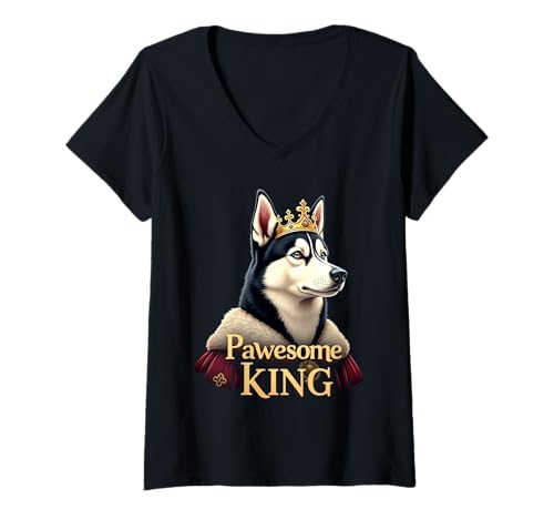 Damen Lustige Pawesome Sibirischer Husky King Dog Art T-Shirt mit V-Ausschnitt von Siberian Husky Fun Designs