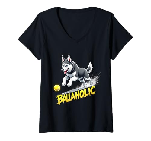 Damen Lustiger Ballaholic Sibirischer Husky Hund Jagdball T-Shirt mit V-Ausschnitt Damen Lustiger Ballaholic Sibirischer Husky Hund Jagdball T-Shirt mit V-Ausschnitt von Siberian Husky Fun Designs