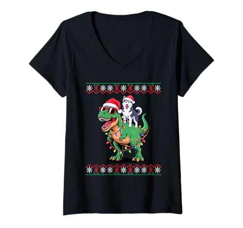 Damen Christmas Siberian Husky T-Rex Dinosaur Huskies T-Shirt mit V-Ausschnitt Damen Christmas Siberian Husky T-Rex Dinosaur Huskies T-Shirt mit V-Ausschnitt von Siberian Husky Lover Gifts