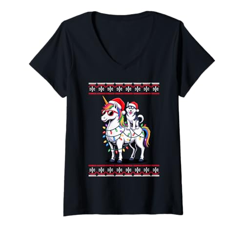 Damen Christmas Siberian Husky Unicorn Sunglasses T-Shirt mit V-Ausschnitt Damen Christmas Siberian Husky Unicorn Sunglasses T-Shirt mit V-Ausschnitt von Siberian Husky Lover Gifts