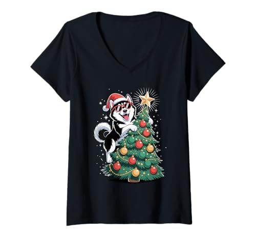 Damen Christmas Tree Siberian Husky Sunglasses Huskies T-Shirt mit V-Ausschnitt von Siberian Husky Lover Gifts