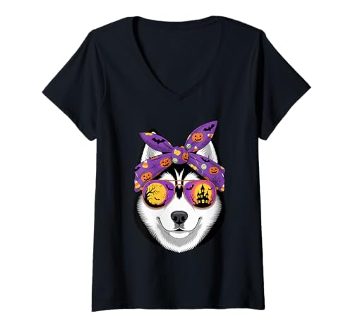 Damen Halloween Bandana Siberian Husky Siberian Huskies T-Shirt mit V-Ausschnitt Damen Halloween Bandana Siberian Husky Siberian Huskies T-Shirt mit V-Ausschnitt von Siberian Husky Lover Gifts