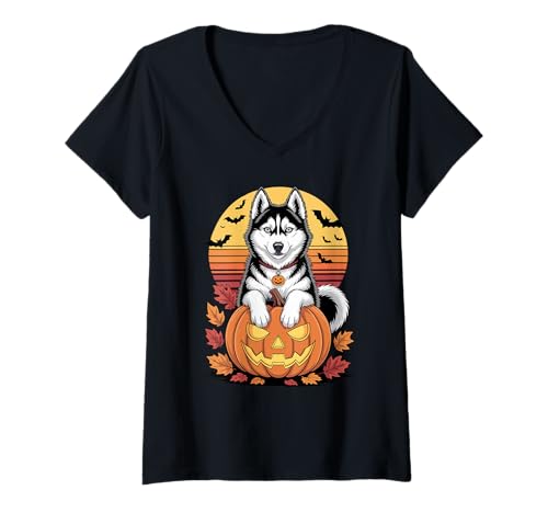 Damen Halloween Retro Siberian Husky Siberian Huskies T-Shirt mit V-Ausschnitt Damen Halloween Retro Siberian Husky Siberian Huskies T-Shirt mit V-Ausschnitt von Siberian Husky Lover Gifts
