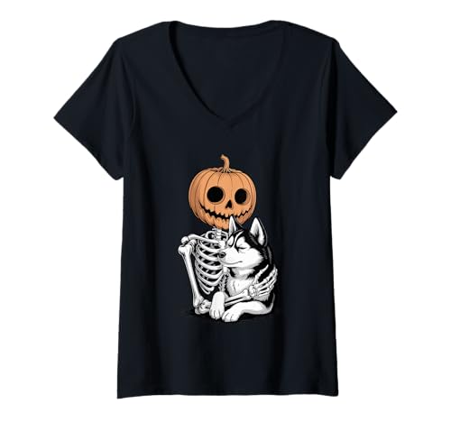 Damen Halloween Skeleton Siberian Husky Siberian Huskies T-Shirt mit V-Ausschnitt Damen Halloween Skeleton Siberian Husky Siberian Huskies T-Shirt mit V-Ausschnitt von Siberian Husky Lover Gifts