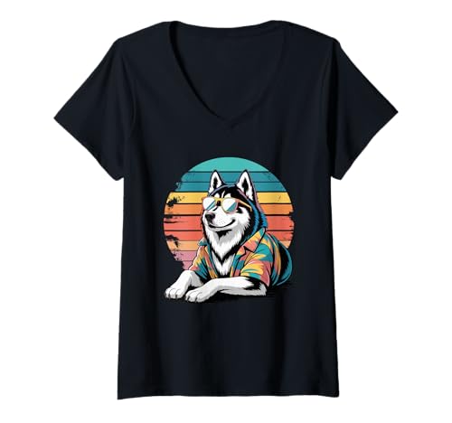 Damen Siberian Husky Sonnenbrille Hawaii Strand Sommer T-Shirt mit V-Ausschnitt Damen Siberian Husky Sonnenbrille Hawaii Strand Sommer T-Shirt mit V-Ausschnitt von Siberian Husky Lover Gifts