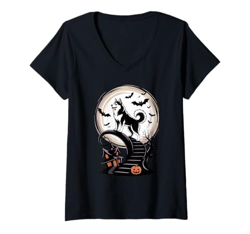 Damen Spooky Halloween Mond Siberian Husky Siberian Huskies T-Shirt mit V-Ausschnitt Damen Spooky Halloween Mond Siberian Husky Siberian Huskies T-Shirt mit V-Ausschnitt von Siberian Husky Lover Gifts