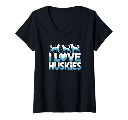 Damen I Love Huskies Cool Dog Owner Grafik T-Shirt mit V-Ausschnitt von Siberian Husky Lovers Canine Fans Art