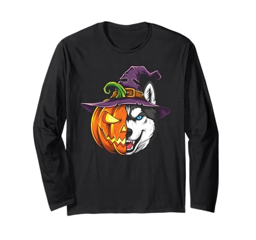 Sibirischer Husky Kürbis Jack O Laterne Halloween Herren Damen Langarmshirt von Siberian Husky Lovers Halloween Pumpkin Outfits
