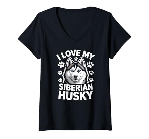 Damen Kunstdruck „I Love My Siberian Husky Paw“ T-Shirt mit V-Ausschnitt Damen Kunstdruck „I Love My Siberian Husky Paw“ T-Shirt mit V-Ausschnitt von Siberian Husky Lovers Paw Print Fans