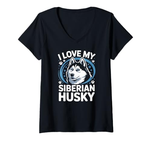 Damen Ich Liebe Meine Siberian Husky-Pfotenabdrücke T-Shirt mit V-Ausschnitt von Siberian Husky Lovers Paw Prints