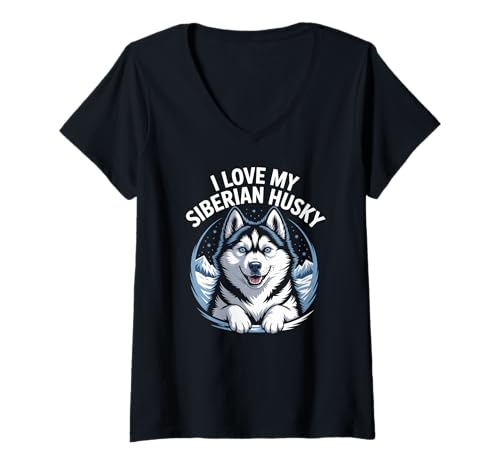 Damen Ich Liebe Meine Siberian Husky Snow Mountains T-Shirt mit V-Ausschnitt Damen Ich Liebe Meine Siberian Husky Snow Mountains T-Shirt mit V-Ausschnitt von Siberian Husky Lovers Pet Enthusiasts