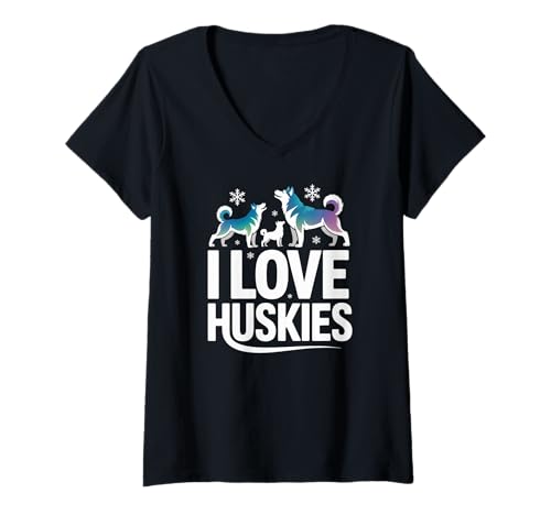 Damen I Love Huskies Winter Schneeflocken Hunde T-Shirt mit V-Ausschnitt Damen I Love Huskies Winter Schneeflocken Hunde T-Shirt mit V-Ausschnitt von Siberian Husky Snowfall Fans Collection