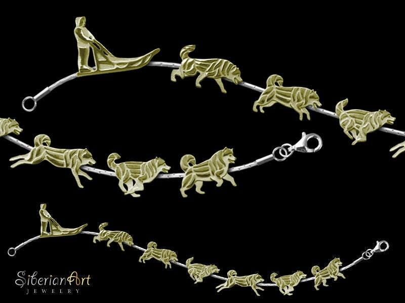 14K Gelbgold Alaskan Malamute Armband Hundeschlitten Team Schmuck von SiberianArtJewelry