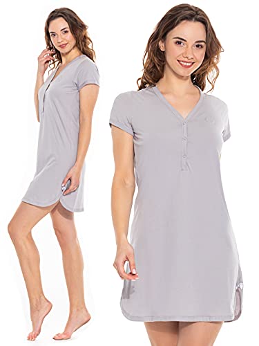 Sibinulo Damen Nachthemd V Ausschnitt Nachtwäsche Kurzarm Nachtgewand 100% Baumwolle Pyjama Sleepshirt Sexy Schlafshirt Schlafanzug Aschgrau S von Sibinulo