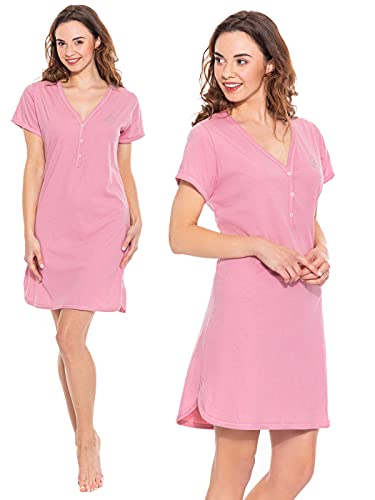 Sibinulo Damen Nachthemd V Ausschnitt Nachtwäsche Kurzarm Nachtgewand 100% Baumwolle Pyjama Sleepshirt Sexy Schlafshirt Schlafanzug Puderfarbe XL von Sibinulo