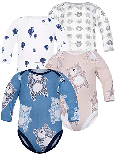 Sibinulo Jungen Mädchen Body Langarm 4er pack Beige Bären Marineblau Bären Luftballons Graue Elefanten 68(3-6 monate) von Sibinulo