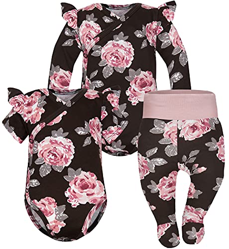 Sibinulo Mädchen Jungen Body mit einem Rüschen Langarm + Kurzarm + Strampler mit Füßen Babykleidung Set Größen 0-1 Monate, braune Rose 56 von Sibinulo