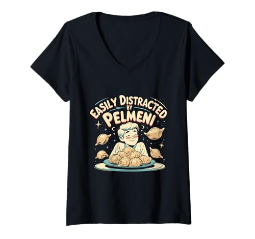 Damen Easily Distracted by Pelmeni Pelmenis T-Shirt mit V-Ausschnitt von Sibirische Pelmeni Teigtasche