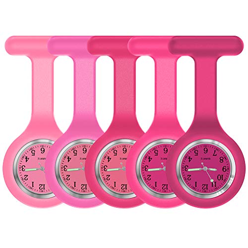 Uhr zum Festklemmen, Krankenschwestern-Uhr, Taschenuhr, Broschenuhr, hochqualitatives Silikon mit Pin / Clip, leuchtet im Dunkeln, Design zur Infektionskontrolle, für Krankenschwester, Arzt, Sanitäter, Pink Rose Red von SibyTech