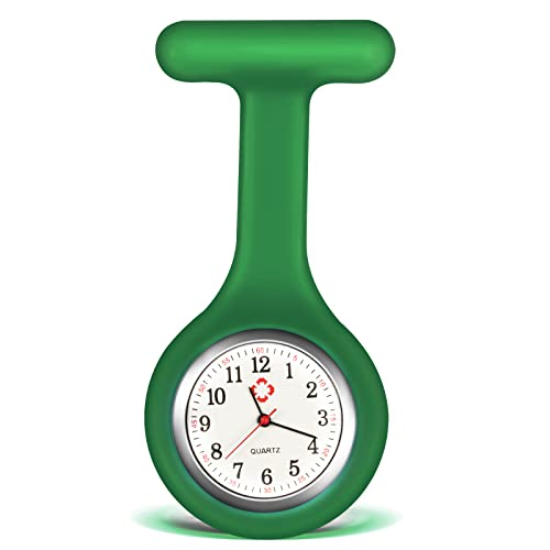 SibyTech Schwesternuhr Ansteckuhr fob,Silikon mit Pin/Clip,Glow Pointer im Dunkeln,Infektionskontrolle Design,Analog-digital,Quarzwerk,Arzt Sanitäter medizinische Brosche Fob Uhr Grün von SibyTech