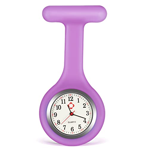 SibyTech Schwesternuhr Ansteckuhr fob,Silikon mit Pin/Clip,Glow Pointer im Dunkeln,Infektionskontrolle Design,Analog-digital,Quarzwerk,Arzt Sanitäter medizinische Brosche Fob Uhr Lila von SibyTech