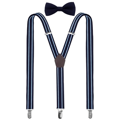 Sichtbare Jungen Hosenträger mit Fliege Set, einstellbar Y-Form für Kinder im Alter von 1-7 Jahren mit einer Körpergröße von 85-135 cm, perfekt für Einschulungsfeiern,Marineblaue Streifen von Sichtbare