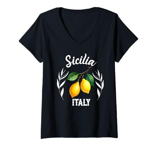 Damen Sicilia Italien Souvenir Sizilianische italienische Erinnerung Männer Frauen T-Shirt mit V-Ausschnitt von Sicilia Italia souvenir Lemons